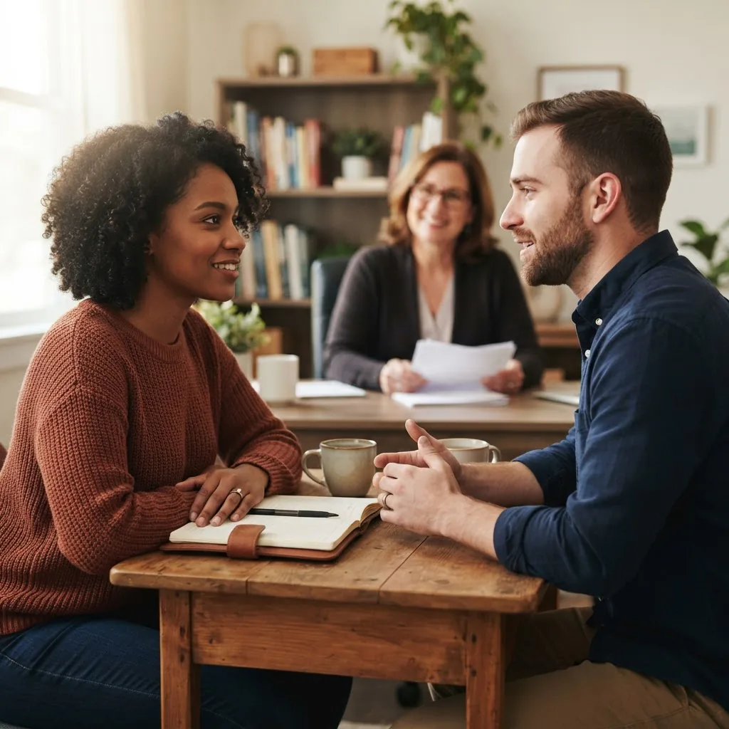 A close-up, natural-light image of an engaged interracial couple practicing active listening across a small table during a premarital