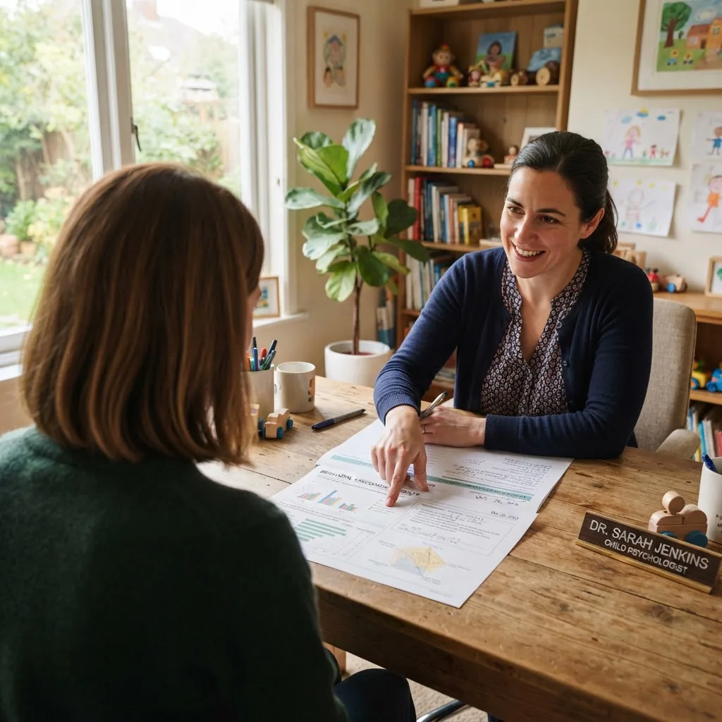 a child therapist consulting with a parent in an office, clinician pointing to results on paper, calm daylight, over-the-shoulder angle,