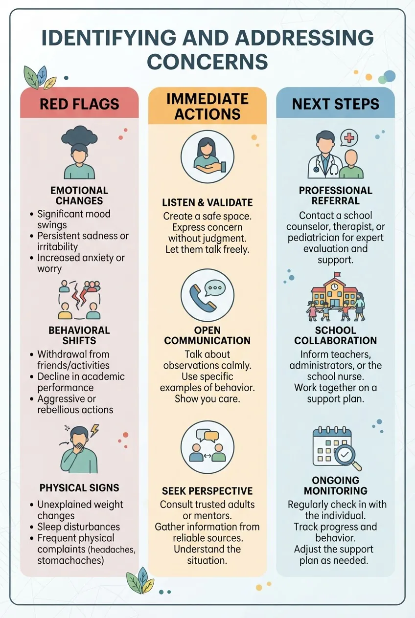 with three columns: left column titled Red Flags with three icons and brief bullets, center column titled Immediate Actions with three