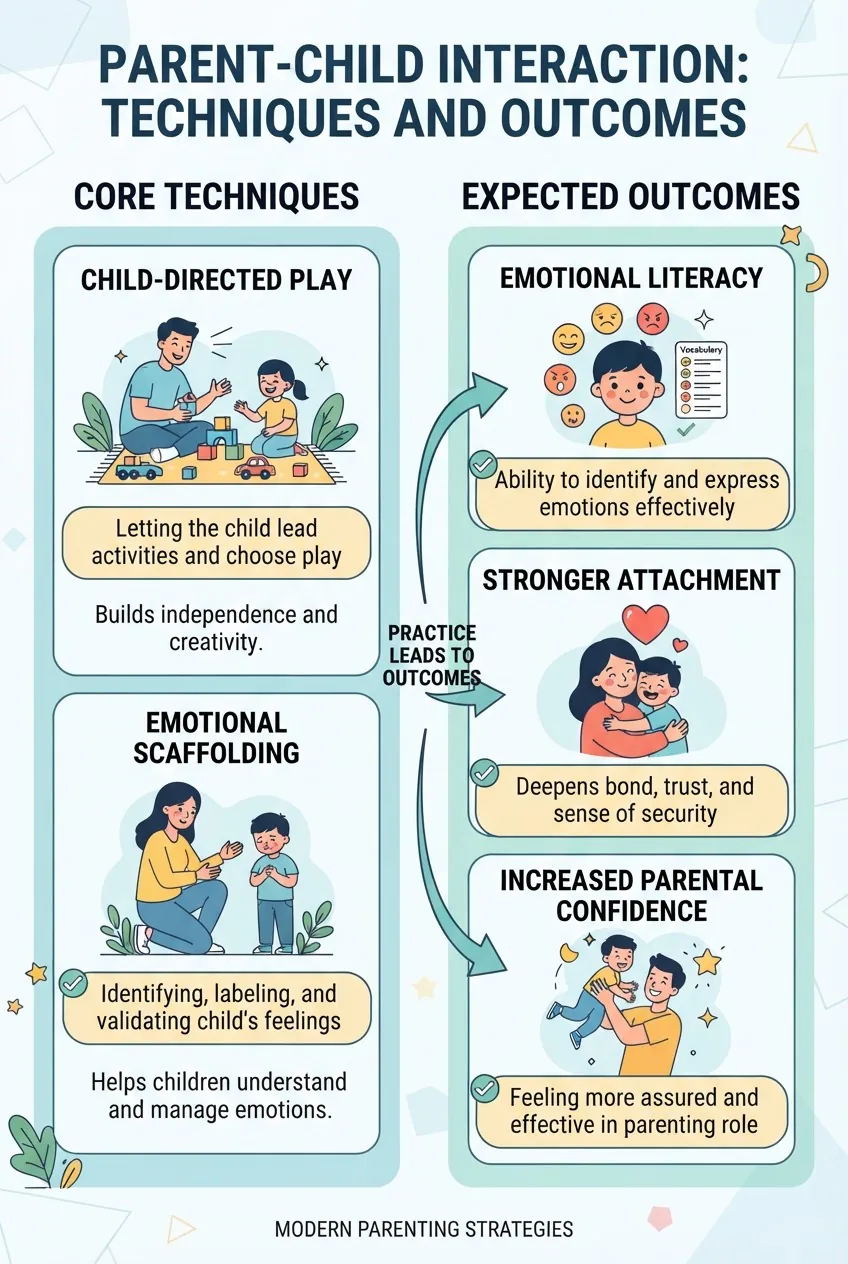 with two columns: left column titled 'Core Techniques' listing Child-Directed Play and Emotional Scaffolding with simple icons; right