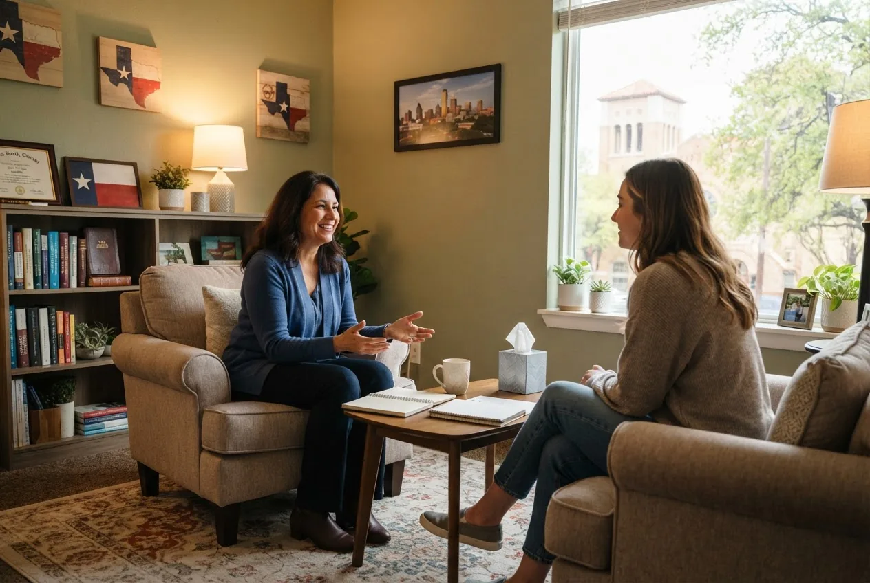 Wide, detailed photograph of a compassionate therapist speaking with a client in a warm Fort Worth office, natural light, Bible on a shelf,