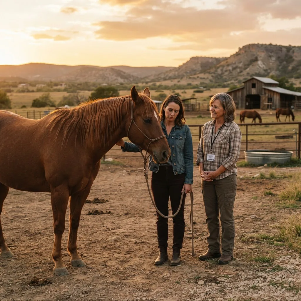 Photorealistic image showing a counselor conducting equine-assisted therapy outdoors on a Texas ranch during golden hour, therapist and