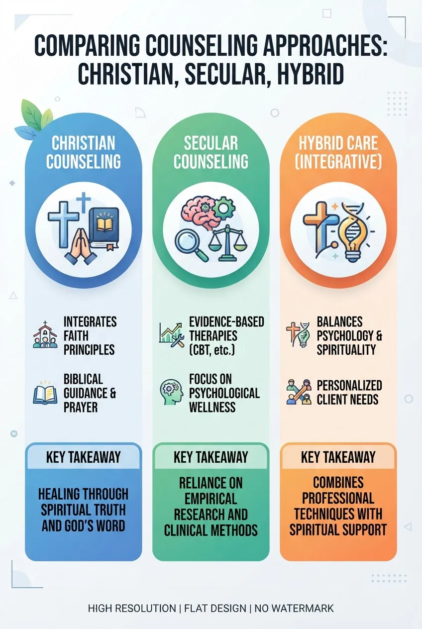 with three columns comparing Christian Counseling, Secular Counseling, and Hybrid care; each column has an icon, two short stats, and one