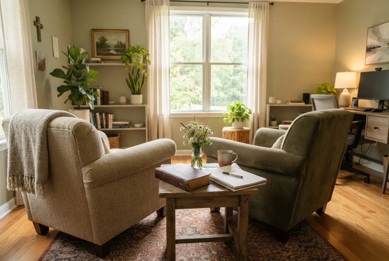a calm therapy office bathed in warm natural light, showing a Bible and a notepad on a small table beside two comfortable chairs, subtle