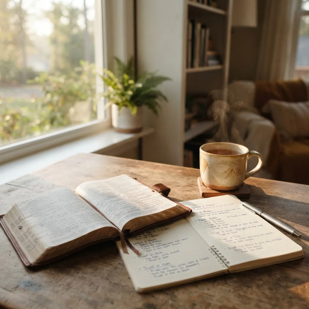 A calm, sunlit home desk with an open Bible, a notebook with handwritten notes, a steaming mug, and soft morning light through a window,