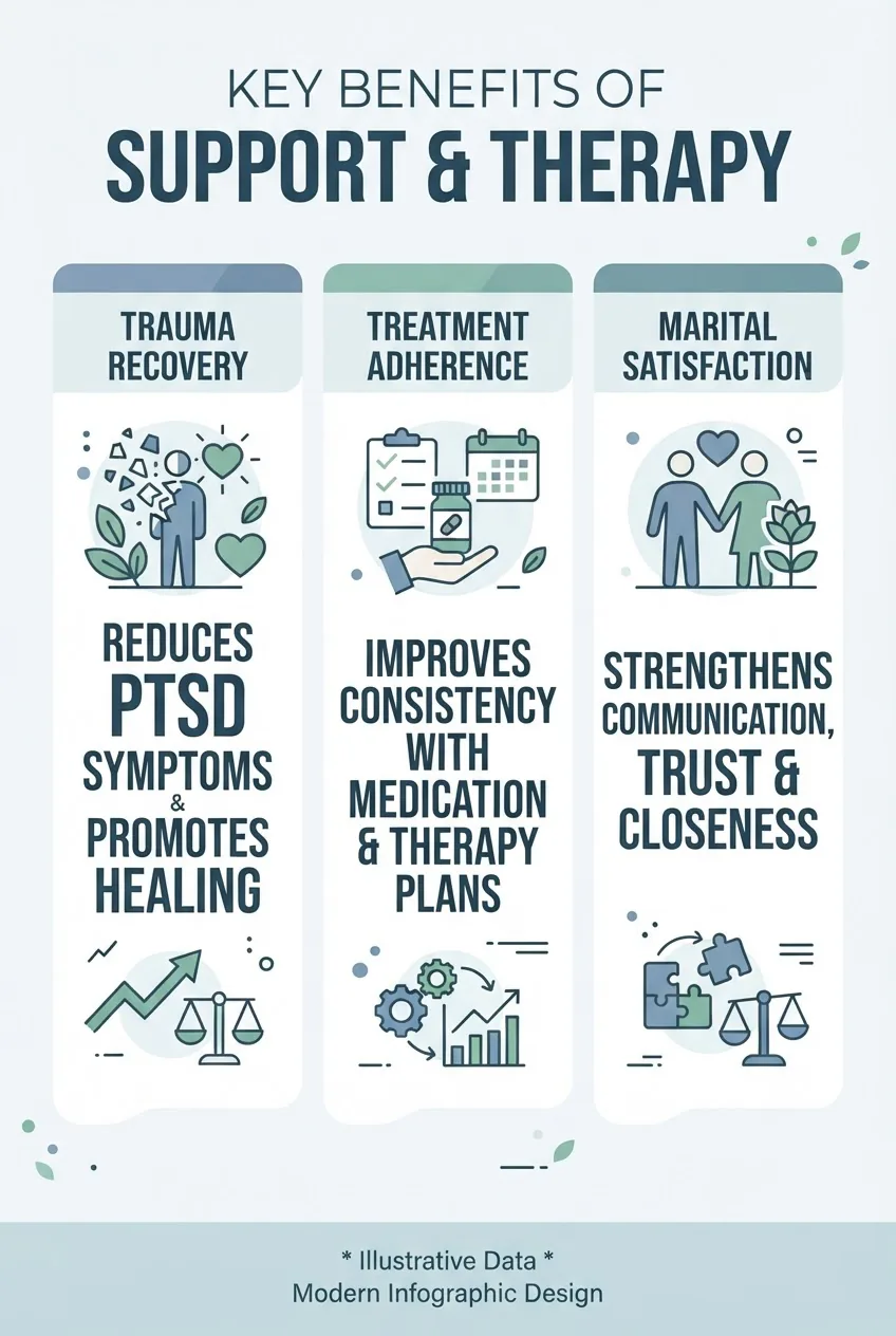 comparing three benefits: 'Trauma Recovery' with icon and short stat line, 'Treatment Adherence' with icon and short stat, 'Marital