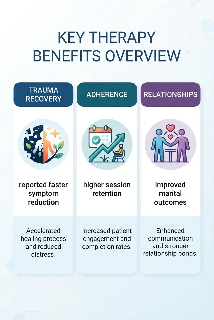 comparing benefits: Column 1 "Trauma Recovery" with icon and short stat line "reported faster symptom reduction"; Column 2 "Adherence" with