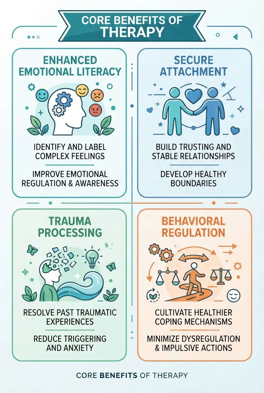 with four quadrants titled Enhanced Emotional Literacy, Secure Attachment, Trauma Processing, Behavioral Regulation; each quadrant shows a
