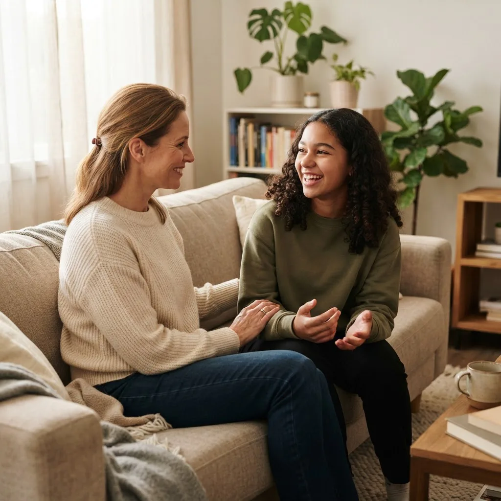 a parent and a teenage child talking on a living room couch, natural daylight, warm tones, candid expressions of attentiveness and calm,