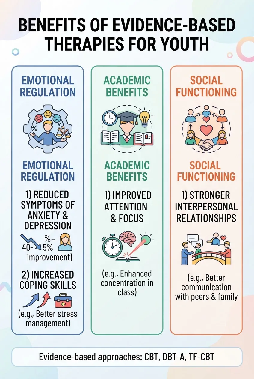 with three vertical panels: left panel titled Emotional Regulation with icon and two short stats, middle panel titled Academic Benefits