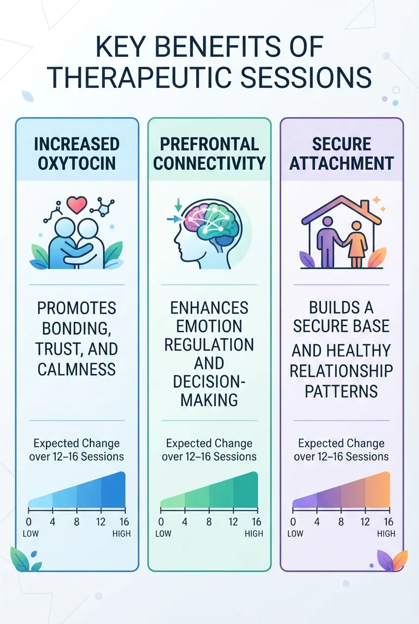 with three vertical columns labeled Increased Oxytocin, Prefrontal Connectivity, Secure Attachment; each column has a simple icon, one-line
