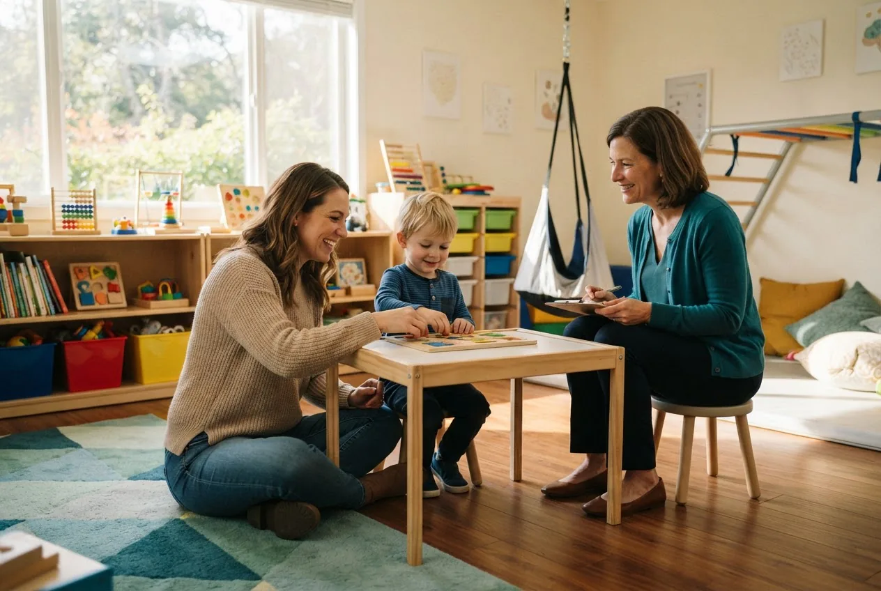 a parent and child sitting in a bright, calming pediatric therapy room; a therapist listens supportively in the background, natural light,