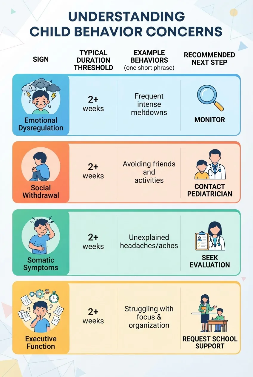 with four rows: Sign (Emotional Dysregulation, Social Withdrawal, Somatic Symptoms, Executive Function), Typical duration threshold (2+