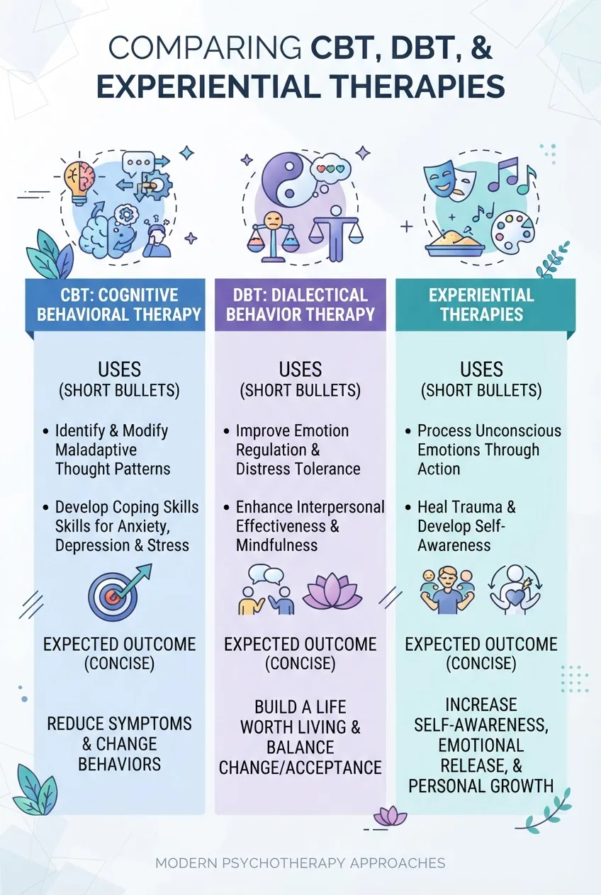 comparing CBT, DBT, and Experiential Therapies in three columns; each column with an icon, two short bullets for uses, and one concise