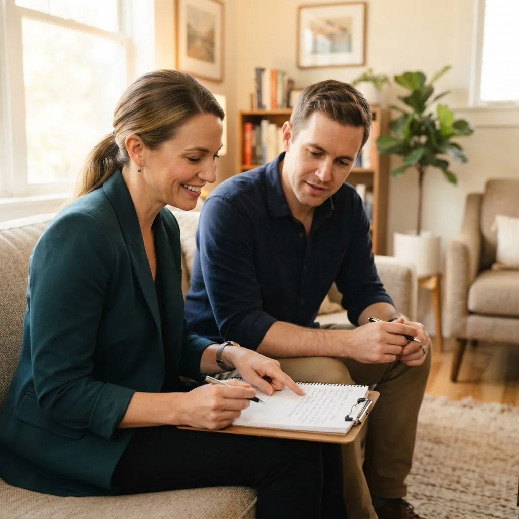 A mid-shot, photorealistic image of a therapist and an adult client in a bright counseling office reviewing notes together, warm natural