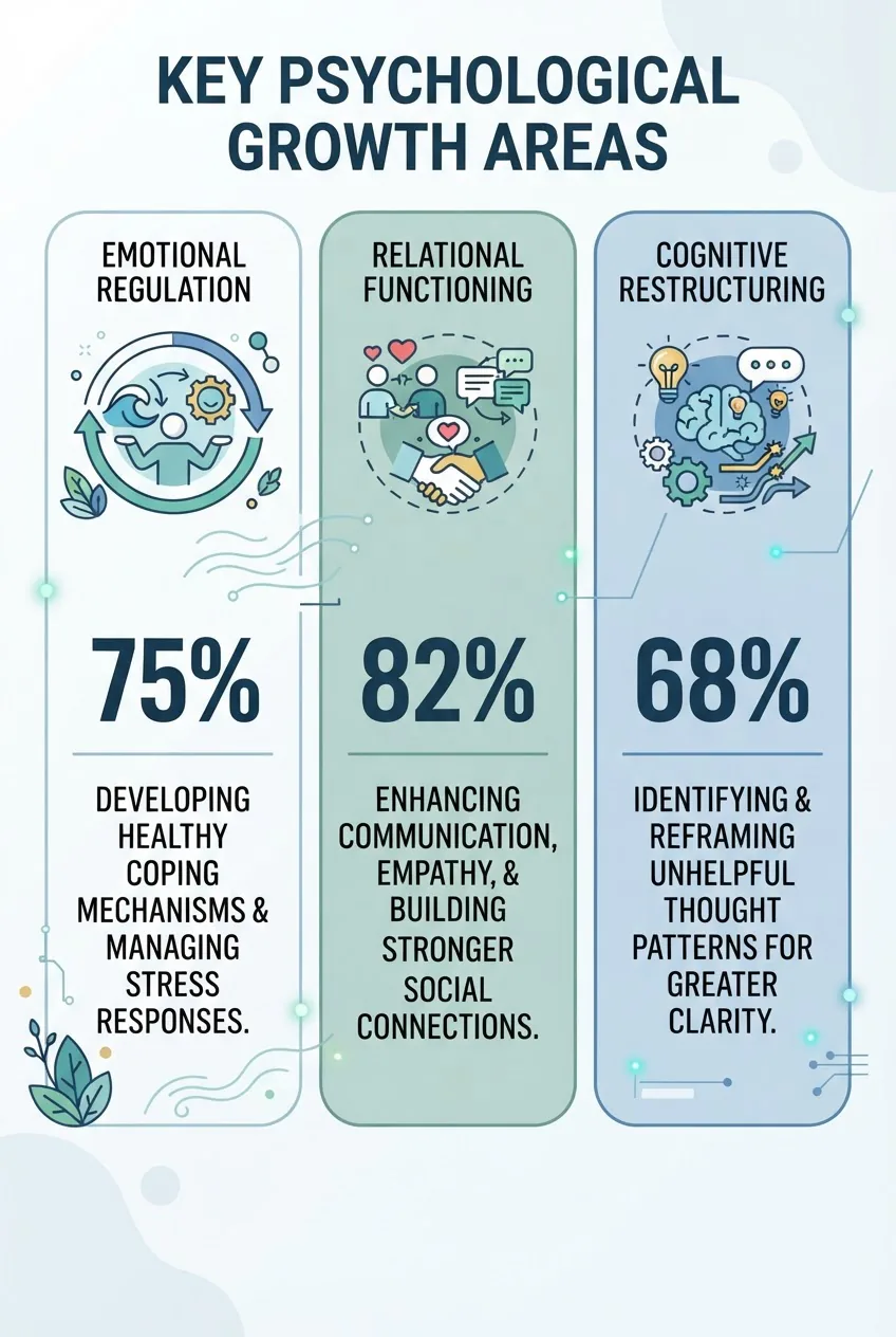 with three vertical columns titled Emotional regulation, Relational functioning, Cognitive restructuring; each column includes a simple
