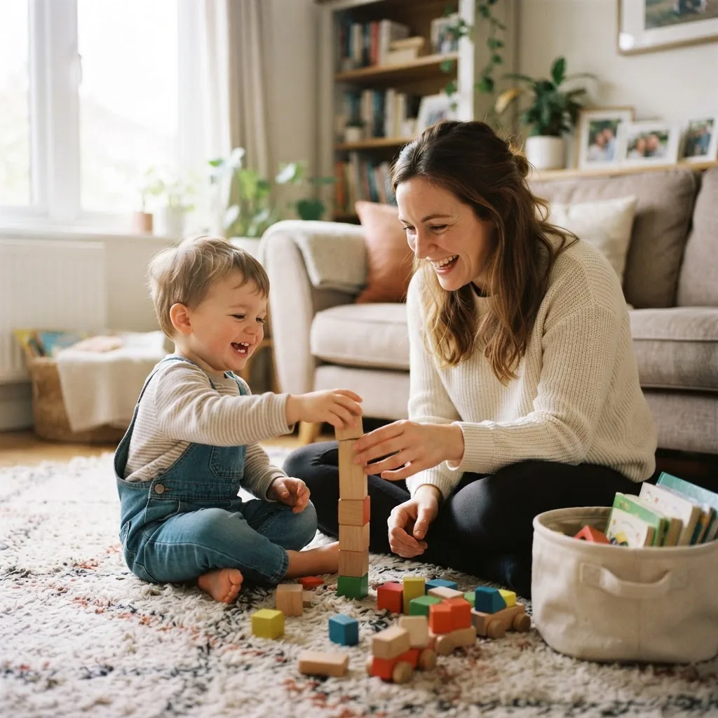 a smiling caregiver and toddler engaged in floor play with simple toys in a cozy living room, natural light, warm tones, candid connection,