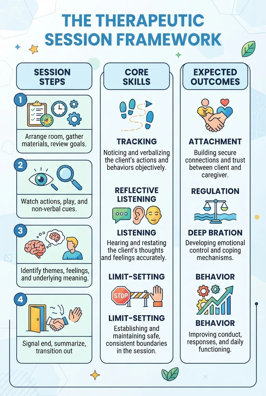 with three columns: left column titled "Session Steps" showing four numbered boxes (Prepare, Observe, Reflect, Close); middle column "Core