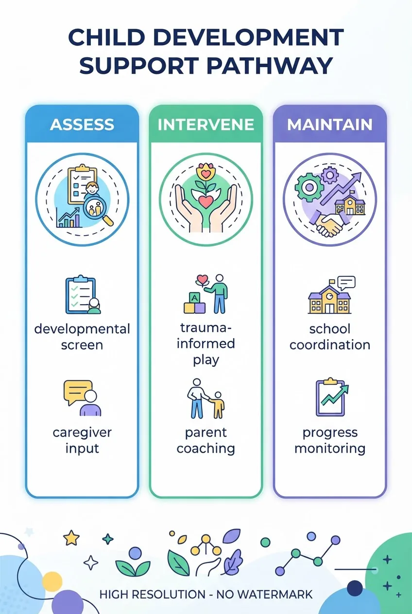 shows three columns titled 'Assess', 'Intervene', 'Maintain'. Each column has an icon and two short bullets: Assess — developmental screen,